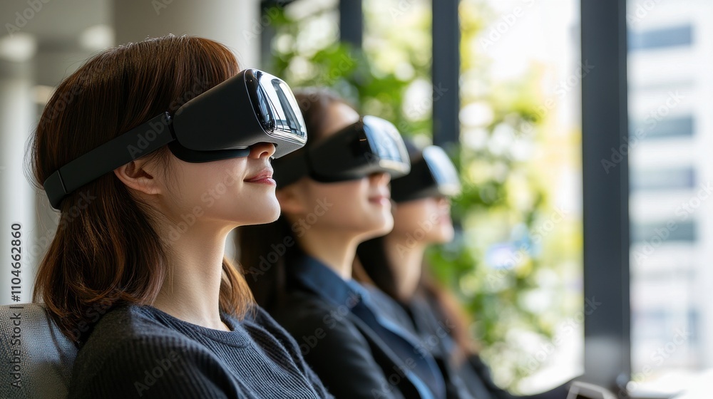 Three women are wearing virtual reality headsets and sitting in a room. Generative AI
