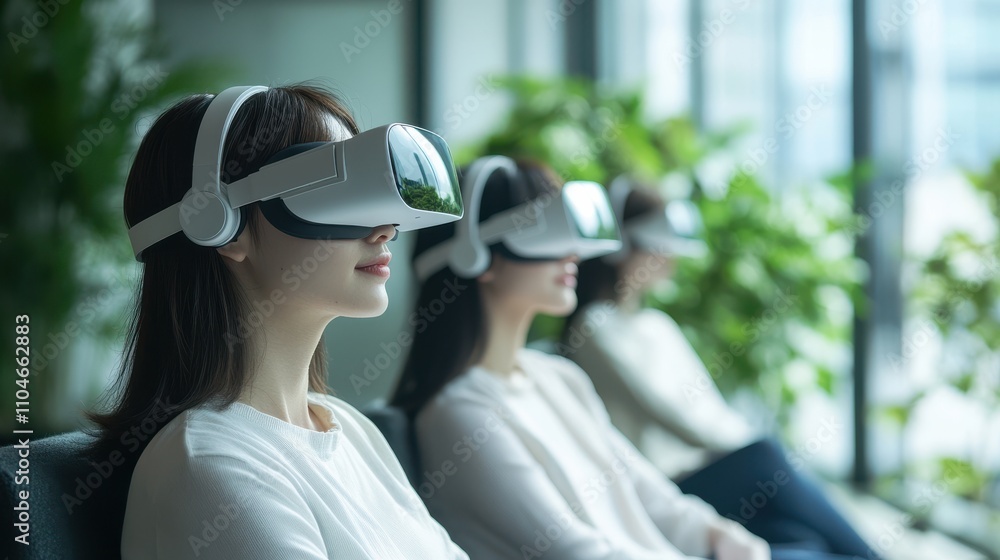 Three women are sitting in a room wearing virtual reality headsets. Generative AI Three women are sitting in a room wearing virtual reality headsets. Generative AI