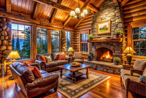 Cozy Living Room Interior with Wooden Furniture and Rustic Decor in Log Cabin - Panoramic View Capturing Warmth, Comfort, and Nature-Inspired Elements for Home Decor Inspiration