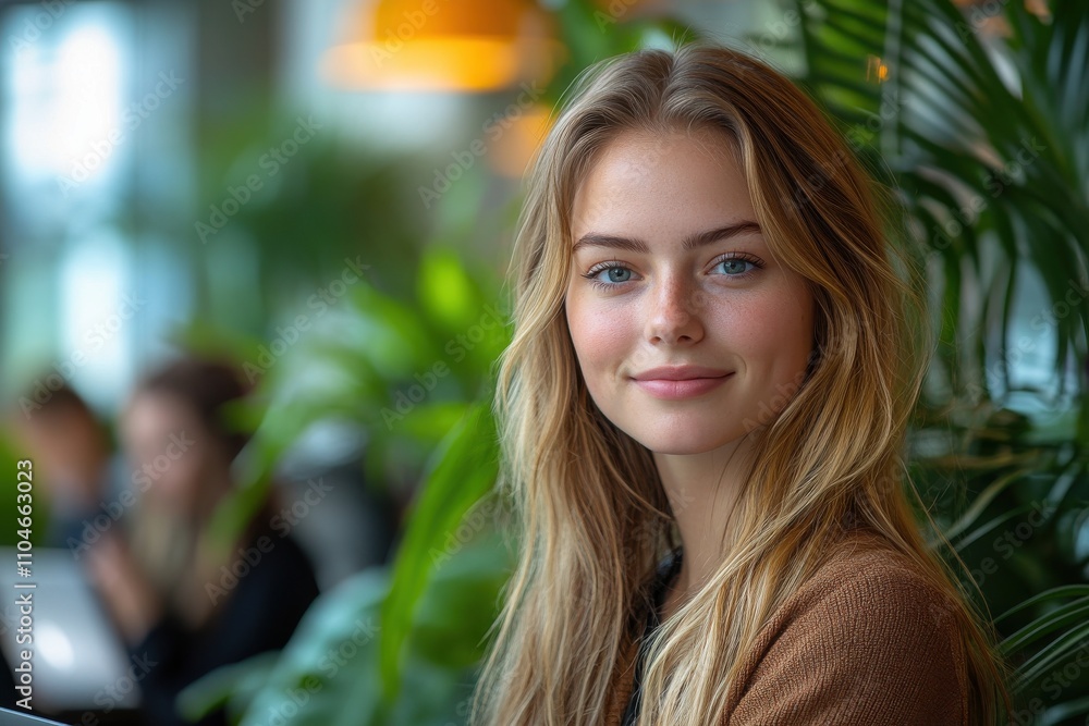 A woman with long blonde hair is smiling at the camera. Generative AI A woman with long blonde hair is smiling at the camera. Generative AI