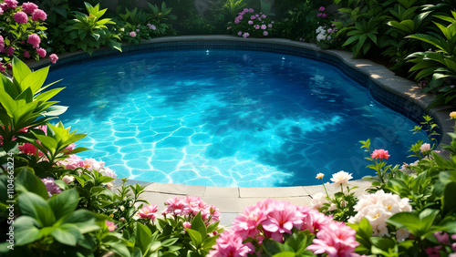 A kidneyshaped pool nestled in a vibrant garden. Pink flowers and lush green foliage surround the clear blue water, creating a peaceful, resortlike atmosphere. photo