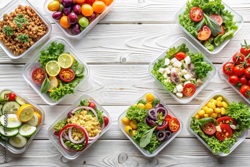 Assorted healthy meal prepped in plastic containers on white wood.