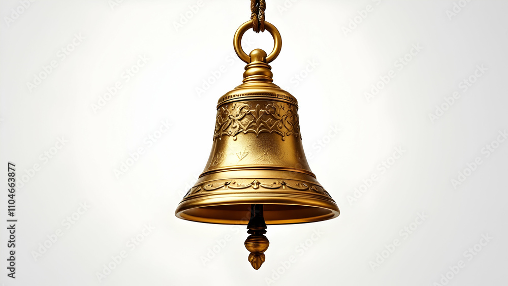 A golden bell with intricate carvings hangs against a white background. Its elegant design suggests a ceremonial or celebratory use. The bells rich gold finish is highly polished. A golden bell with intricate carvings hangs against a white background. Its elegant design suggests a ceremonial or celebratory use. The bells rich gold finish is highly polished.