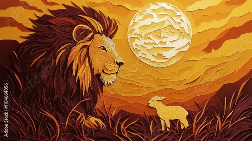 Paper cut illustration of Lion of Judah and Lamb photo