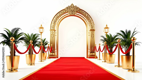 A luxurious red carpet leads to a grand golden archway, flanked by potted plants and gold stanchions with red ropes. Elegant and ceremonial.