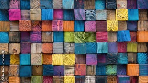 Colorful wooden blocks background, featuring a vibrant mosaic of various hues and patterns Great for artistic and creative themes, enhancing design visuals and concepts