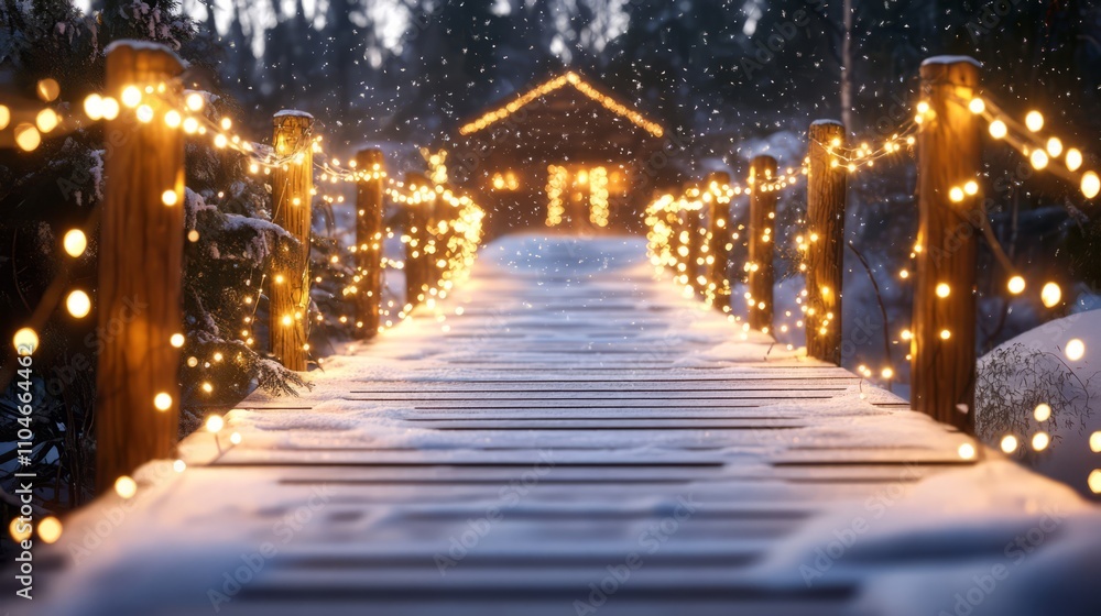 Winter sale banner, cozy cabin with string lights, snowfall effect, 3D illustration. Christmas lights illuminating a snow-covered pathway, guiding the way to a cozy cabin Winter sale banner, cozy cabin with string lights, snowfall effect, 3D illustration. Christmas lights illuminating a snow-covered pathway, guiding the way to a cozy cabin