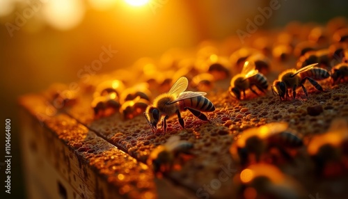 Bee on honeycomb with others nearby