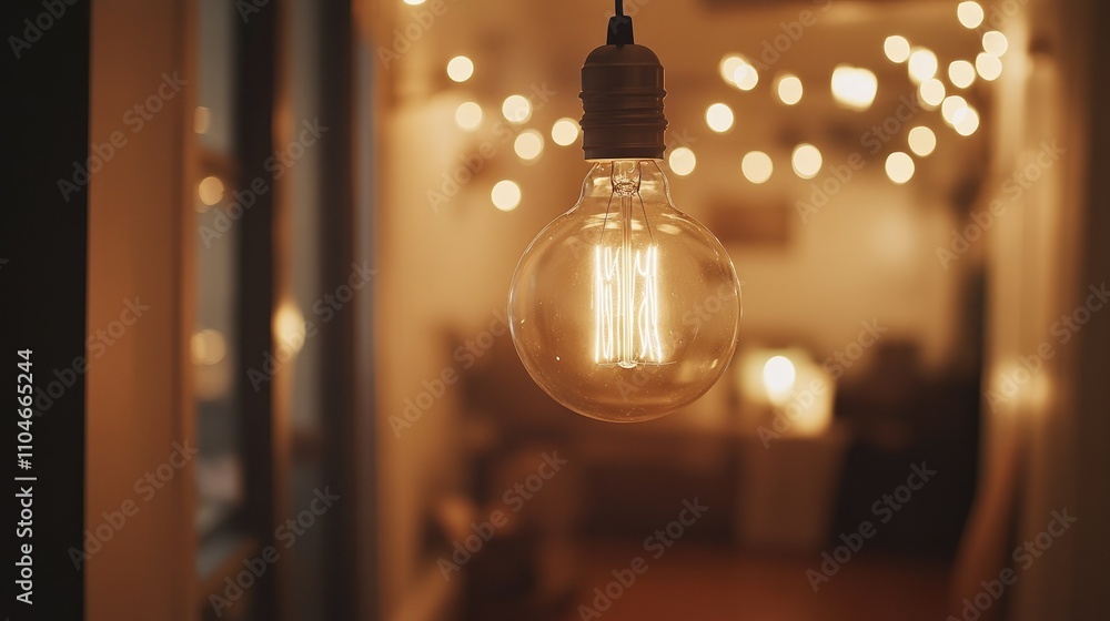 Close-up of an Edison bulb with soft, warm light in a cozy, ambient room with string lights in the background. Close-up of an Edison bulb with soft, warm light in a cozy, ambient room with string lights in the background.