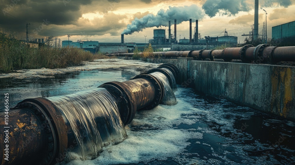 Contaminated water flows from rusty pipes, dark clouds hanging overhead as the industrial scene behind it highlights the tension between progress and pollution. Contaminated water flows from rusty pipes, dark clouds hanging overhead as the industrial scene behind it highlights the tension between progress and pollution.