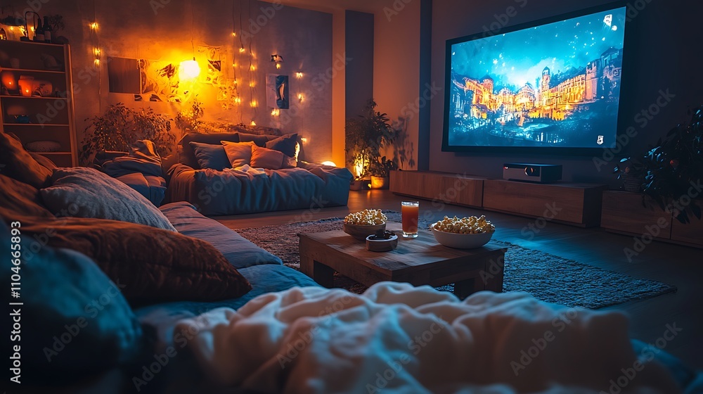 A cozy modern living room with a projector illuminating a wall with a vibrant movie scene, cushions and blankets on the floor, popcorn and drinks spread around, A cozy modern living room with a projector illuminating a wall with a vibrant movie scene, cushions and blankets on the floor, popcorn and drinks spread around,