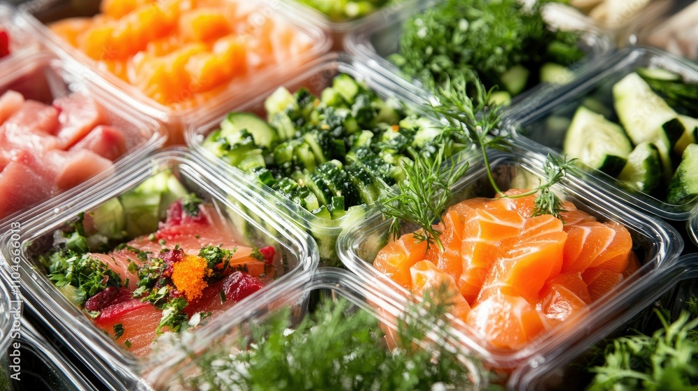 Fresh sashimi assortment in clear plastic containers, garnished with fresh herbs and vibrant colors. Fresh sashimi assortment in clear plastic containers, garnished with fresh herbs and vibrant colors.