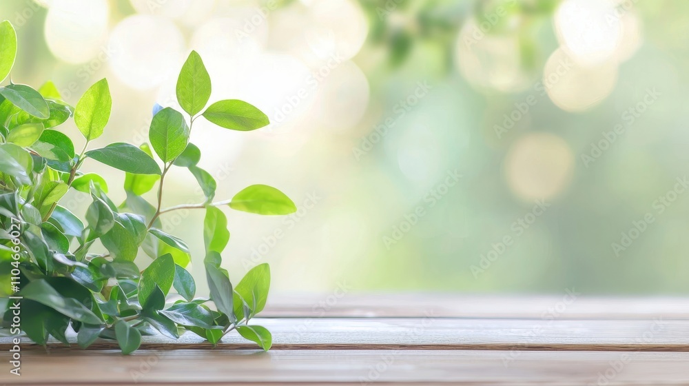 Green Plant Sprig With Fresh Leaves On Wooden Surface, Eco-Friendly Background With Copy Space