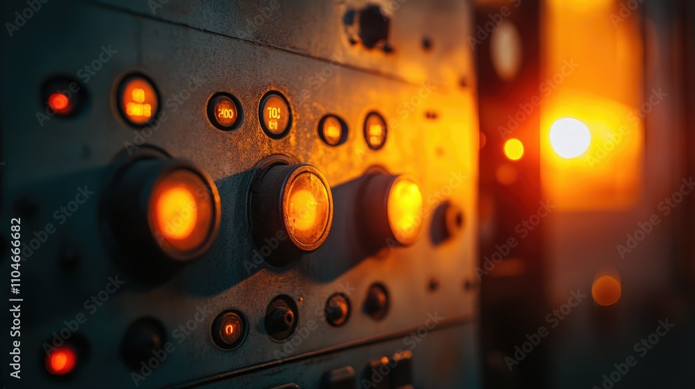 Rustic control panel glowing in warm autumn sunset light, with a vintage and industrial feel. Rustic control panel glowing in warm autumn sunset light, with a vintage and industrial feel.