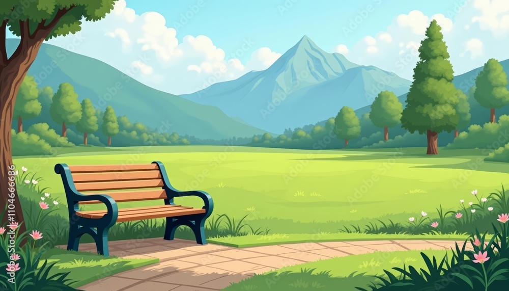 Obraz premium Beautiful mountainous landscape with a park bench on a sunny day