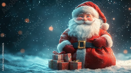 Jolly Santa Claus Sits in Snowy Scene With Gifts photo