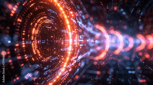 Futuristic abstract background with glowing orange and blue circles and lines.