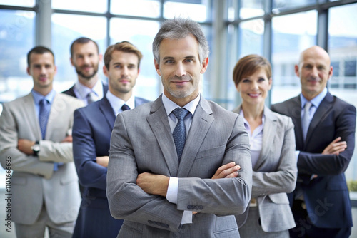 Confident business team leader with arms crossed, standing in front of colleagues.