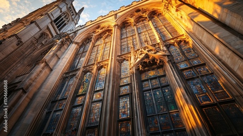 Low-angle view of a historic building's facade with large stained-glass windows illuminated by golden sunlight.