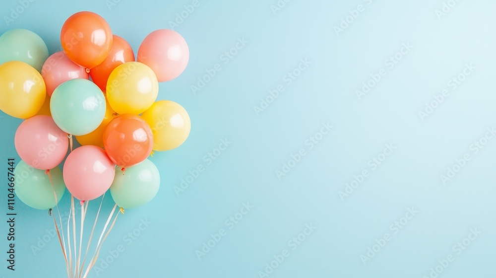 Colorful Bunch of Helium Balloons on Light Blue Background Party, Celebration, or Birthday Concept. Colorful Bunch of Helium Balloons on Light Blue Background Party, Celebration, or Birthday Concept.