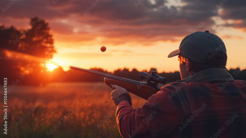shooter aims at flying clay pigeon during beautiful sunset shooter aims at flying clay pigeon during beautiful sunset
