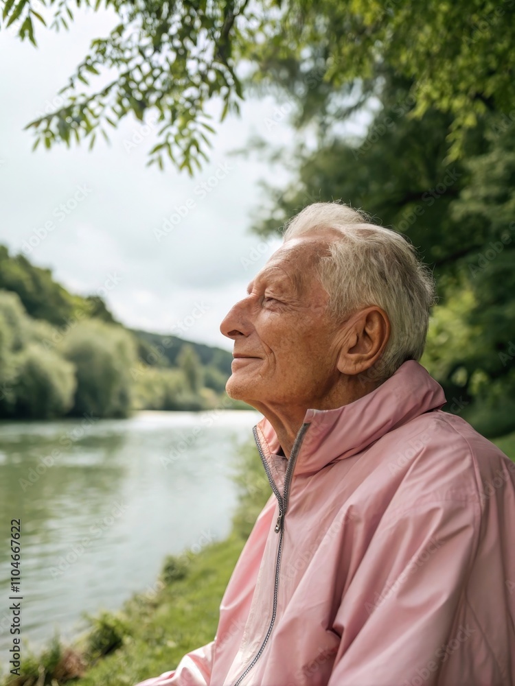 Serene elderly man enjoying nature by the riverbank in peaceful contemplation Serene elderly man enjoying nature by the riverbank in peaceful contemplation