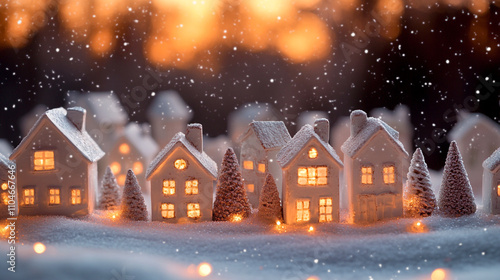 Scandinavian village scene with miniature houses illuminated with glowing lights on bokeh background 