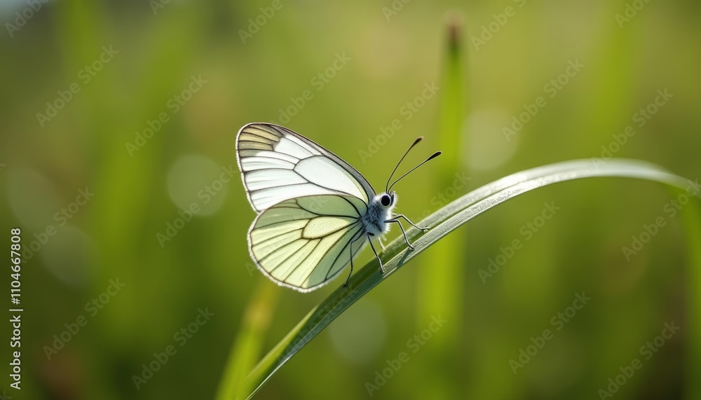 White butterfly on blade of grass or Butterfly perched on grass tip or Pretty butterfly in White butterfly on blade of grass or Butterfly perched on grass tip or Pretty butterfly in