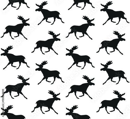 Vector seamless pattern of flat hand drawn running moose silhouette isolated on white background