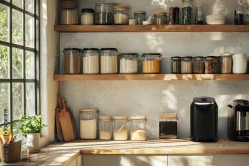 Wallpaper Mural Modern kitchen shelves filled with jars of ingredients and kitchen appliances in sunlight Torontodigital.ca