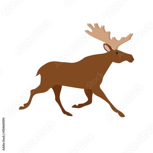 Vector flat hand drawn running moose isolated on white background