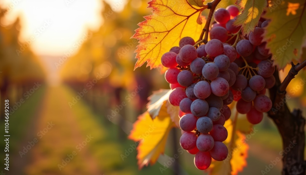 Fototapeta premium Vineyard at sunrise with hanging bunches of purple grapesSunlit path leading through the vines
