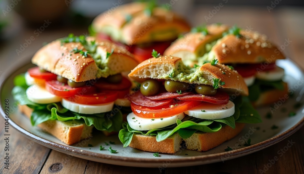 Four open-faced sandwiches with tomatoes on a wooden table Four open-faced sandwiches with tomatoes on a wooden table
