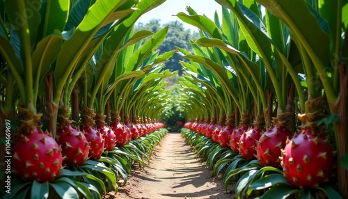 A path flanked by rows of red fruits on green foliage photo