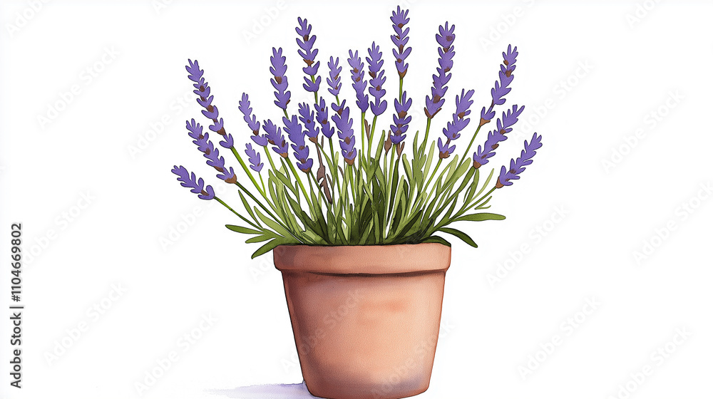 Watercolor painting of a rustic clay pot filled with lavender sprigs, purple flowers with delicate green stems Watercolor painting of a rustic clay pot filled with lavender sprigs, purple flowers with delicate green stems