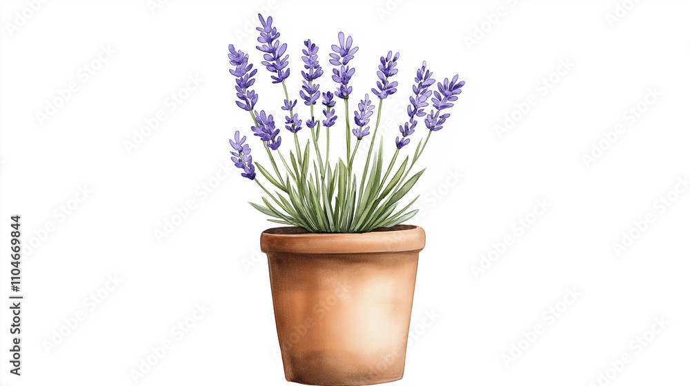 Watercolor painting of a rustic clay pot filled with lavender sprigs, purple flowers with delicate green stems Watercolor painting of a rustic clay pot filled with lavender sprigs, purple flowers with delicate green stems