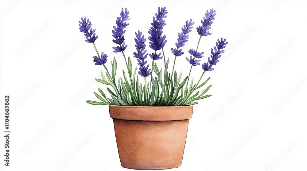 Watercolor painting of a rustic clay pot filled with lavender sprigs, purple flowers with delicate green stems Watercolor painting of a rustic clay pot filled with lavender sprigs, purple flowers with delicate green stems