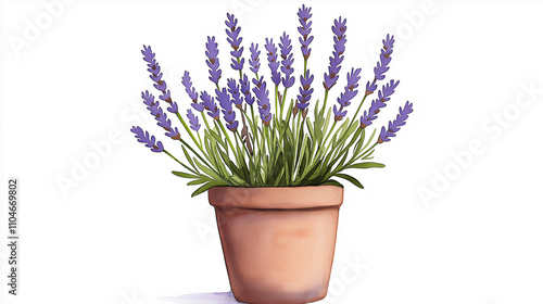 Watercolor painting of a rustic clay pot filled with lavender sprigs, purple flowers with delicate green stems