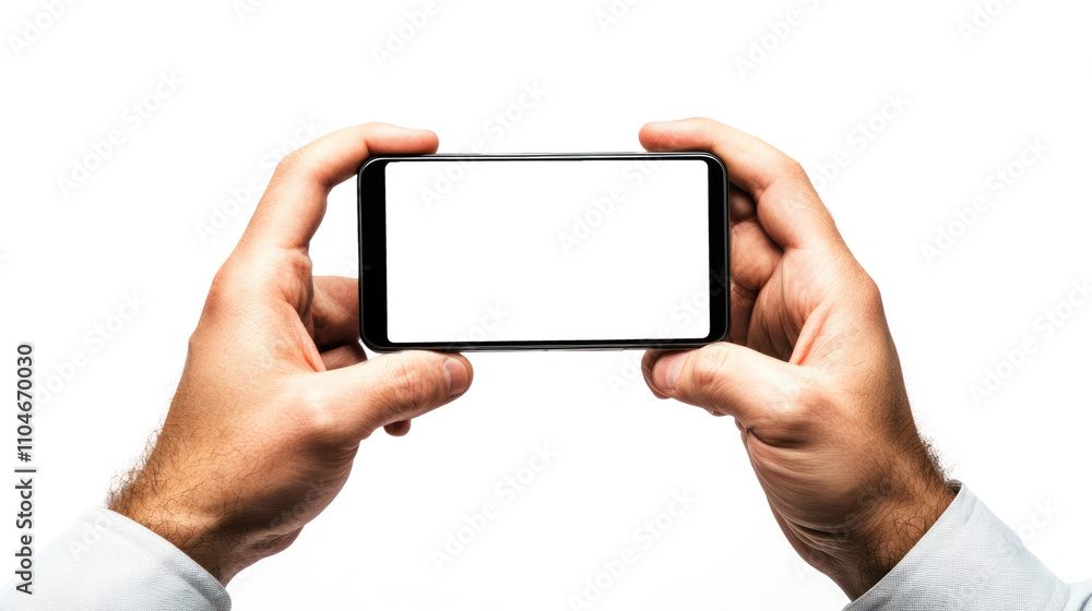 hand holding smartphone with small transparent screen in landscape orientation - mockup with transparent display and no background hand holding smartphone with small transparent screen in landscape orientation - mockup with transparent display and no background