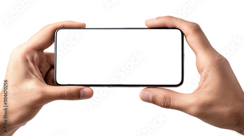 hand holding smartphone with transparent screen in landscape orientation - mockup with transparent display and no background