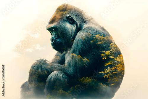 A surreal depiction of a gorilla blended with lush vegetation, symbolizing nature and wildlife. photo