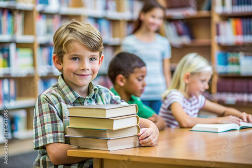 Happy boy holding books in library with classmates.