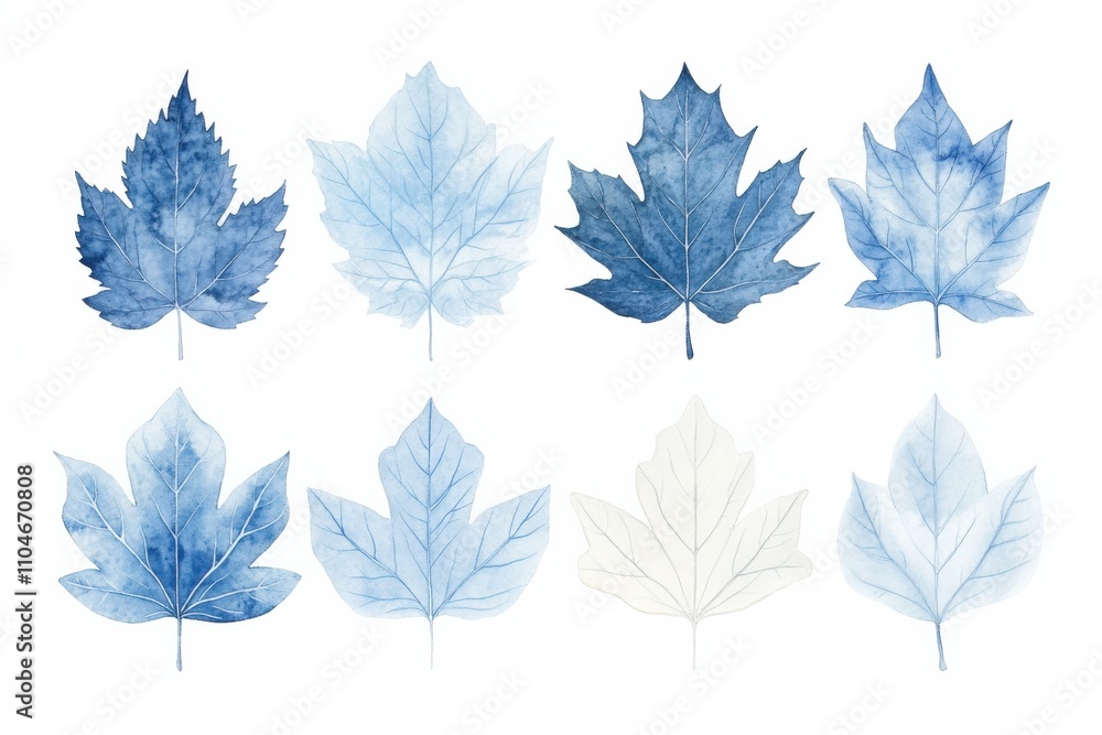 Obraz premium a collection of blue watercolor leaves showcasing various shapes and sizes