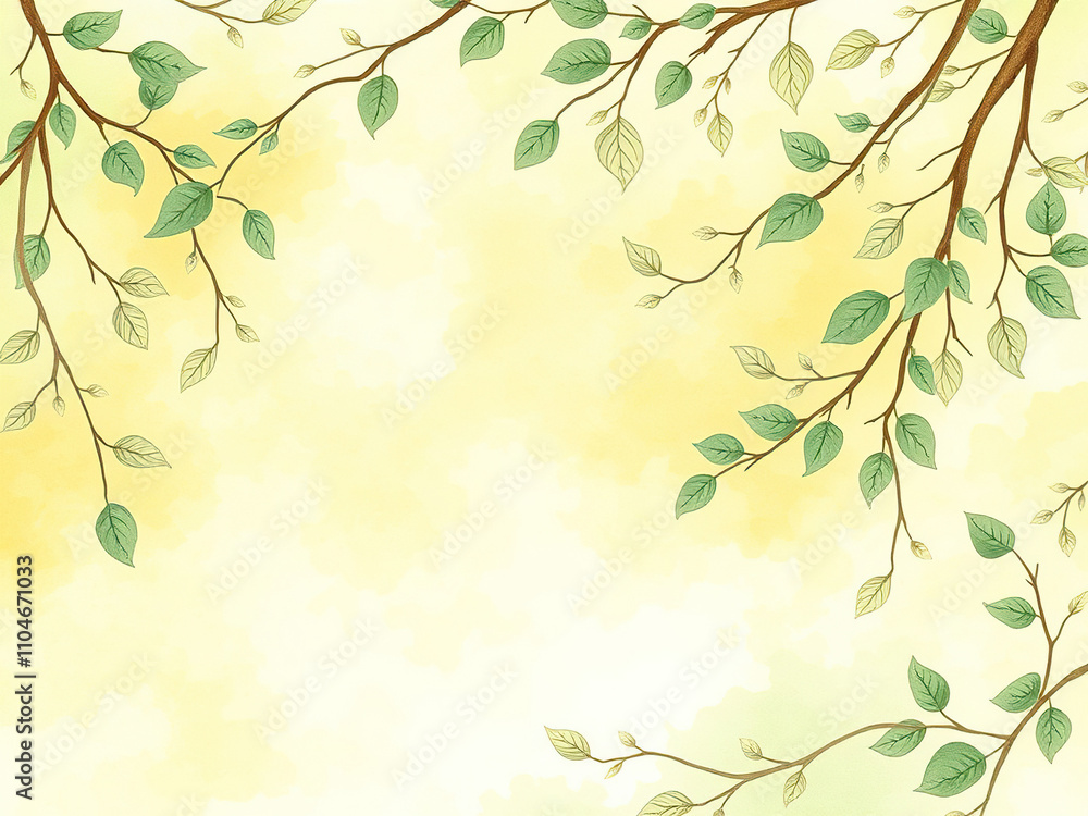 Soft yellow and green watercolor background with delicate leaf and branch patterns, botanical, branches, spring, gentle, floral Soft yellow and green watercolor background with delicate leaf and branch patterns, botanical, branches, spring, gentle, floral