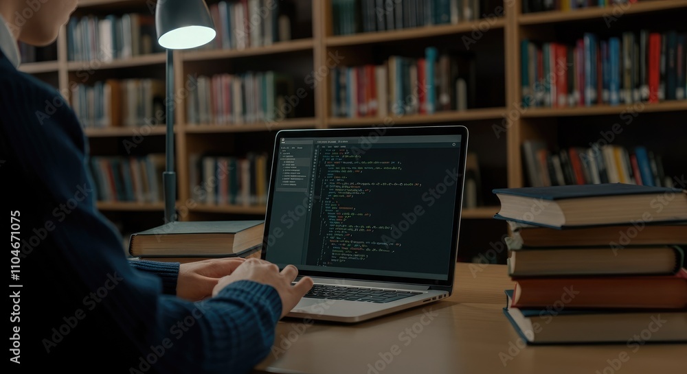 Person at desk coding on laptop in library Person at desk coding on laptop in library