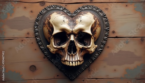 Decorative skull heart on wooden wall photo