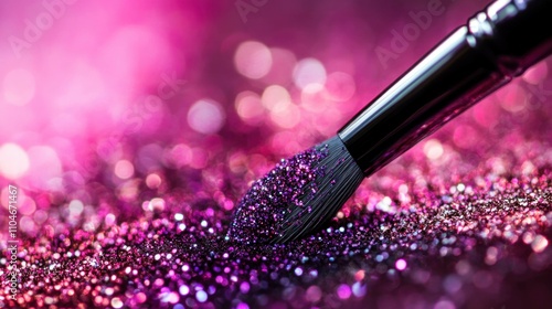 Shimmering brush resting on a vibrant array of pink and purple glitter, creating a dazzling makeup artist's dream. Perfect for beauty and creativity themes. photo