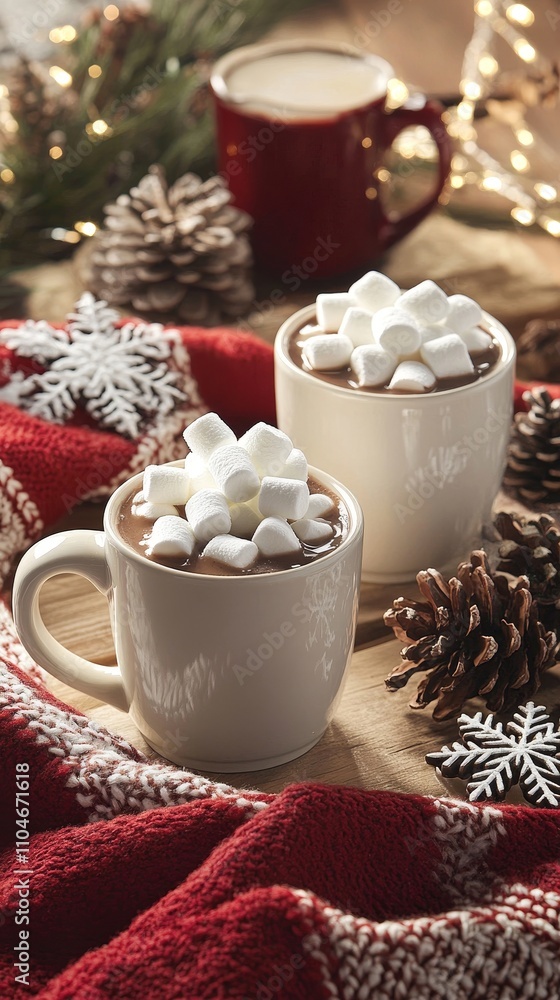 Capture a cozy scene featuring mugs of hot cocoa topped with fluffy marshmallows, beautifully arranged amidst charming winter decorations like pine cones, snowflakes, and warm blankets