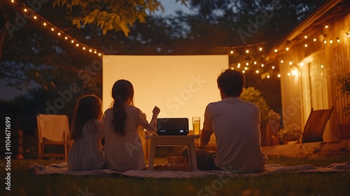 Parents and kids adjusting a small projector in a backyard, a white screen set up in front of them, fairy lights glowing above, snacks and drinks on a nearby table, soft evening light, hd quality,