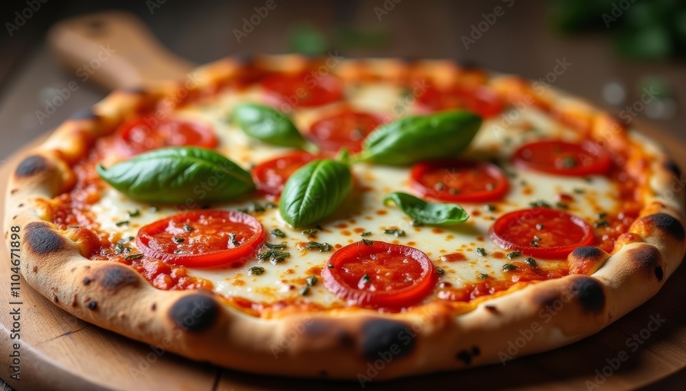 A delicious homemade pizza with tomatoes and basil on a wooden board A delicious homemade pizza with tomatoes and basil on a wooden board